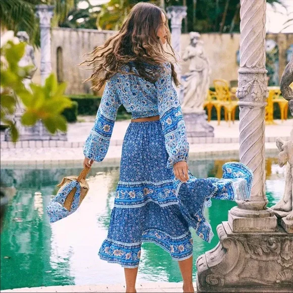 Boho floral gypsy skirt print maxi long blue - Picture 5 of 14